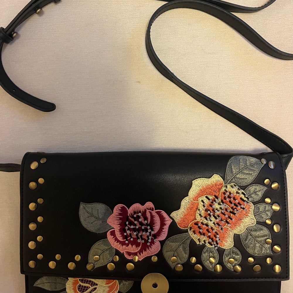 Topshop Embroidered Flower and Studded Black Crossbody Bag - Picture 2 of 4